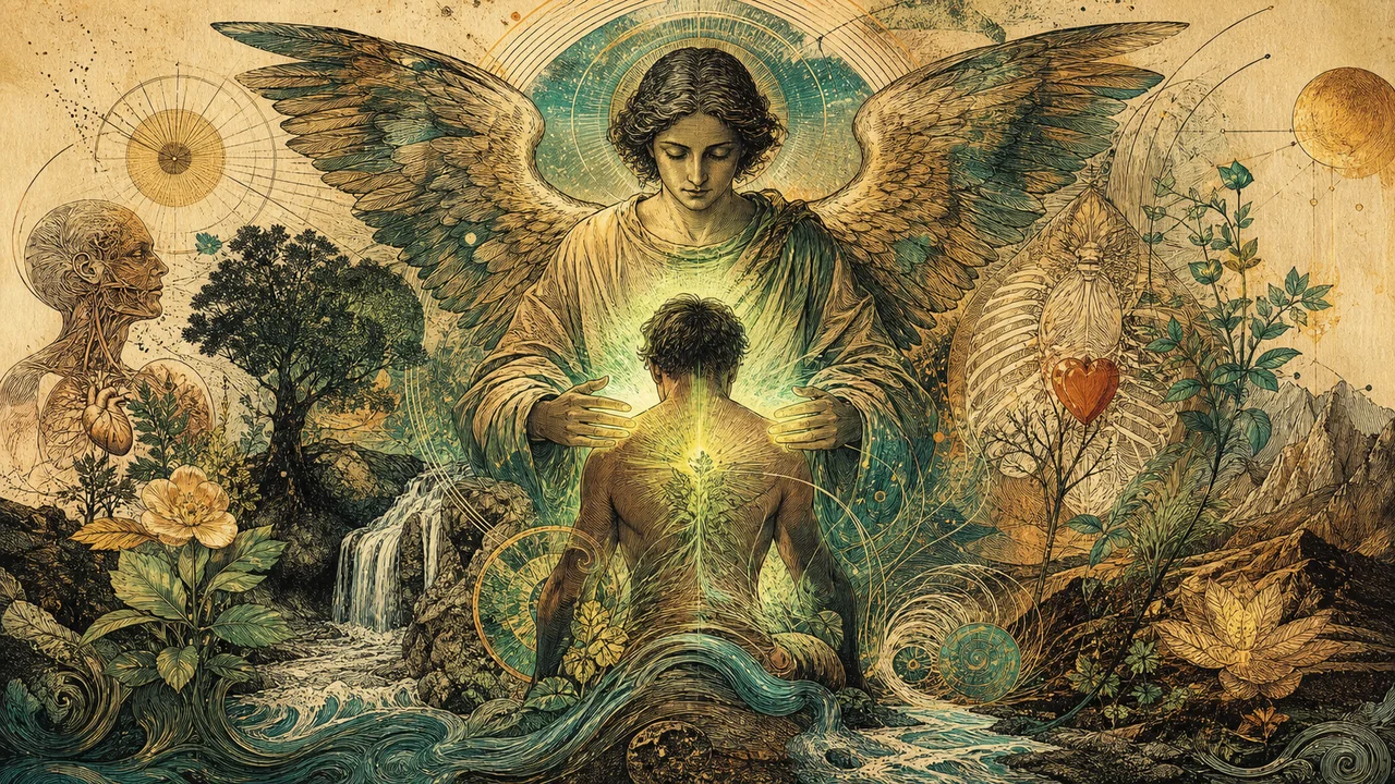 Arcángel Rafael rodeando a una persona con una luz verde esmeralda en equilibrio