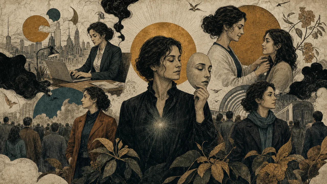 Persona sosteniendo diferentes máscaras sociales frente a su cara.