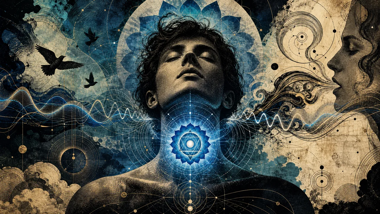Persona meditando con energía azul luminosa en el chakra de la garganta y ondas sutiles de expresión a su alrededor.
