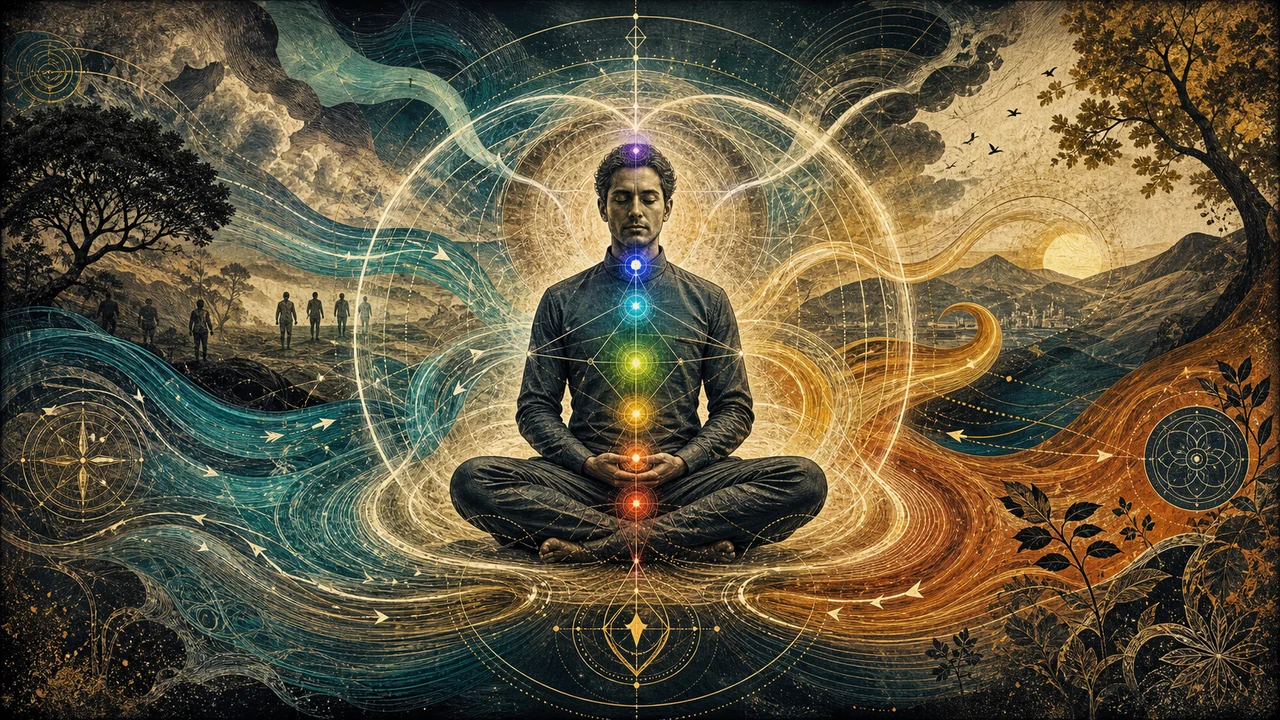 Persona meditando con aura, chakras y líneas de energía circulando alrededor del cuerpo
