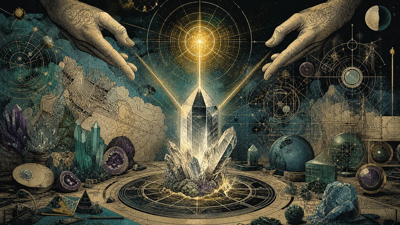 Cristal recibiendo una intención clara en la composición simbólica de la programación energética en cristaloterapia.