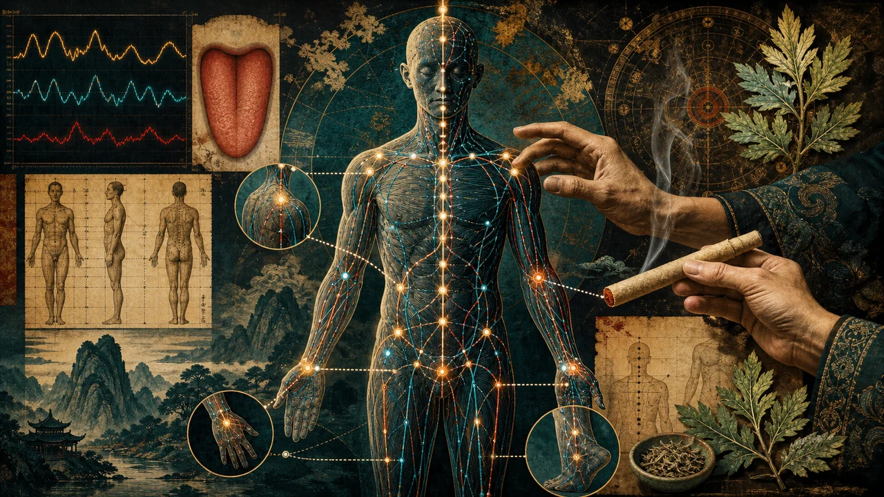 Composición surrealista con meridianos, puntos seleccionados y aplicación de moxoterapia
