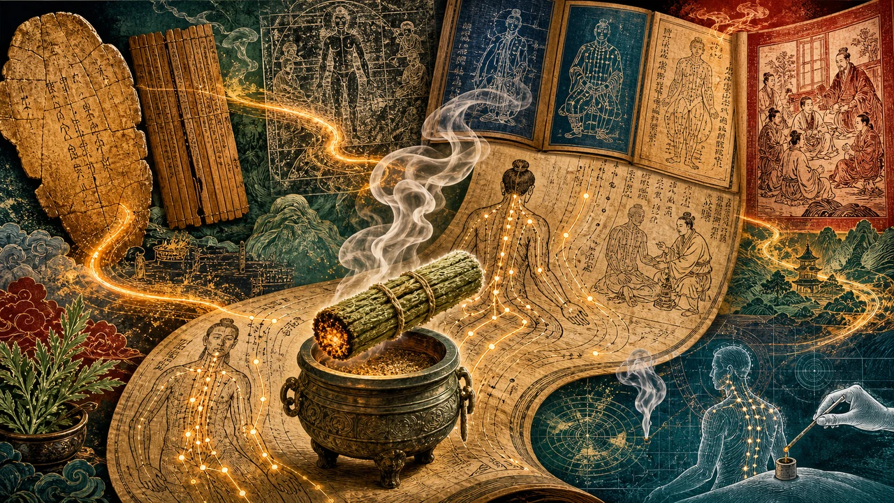 Composición surrealista sobre la historia de la moxoterapia en la Medicina China.