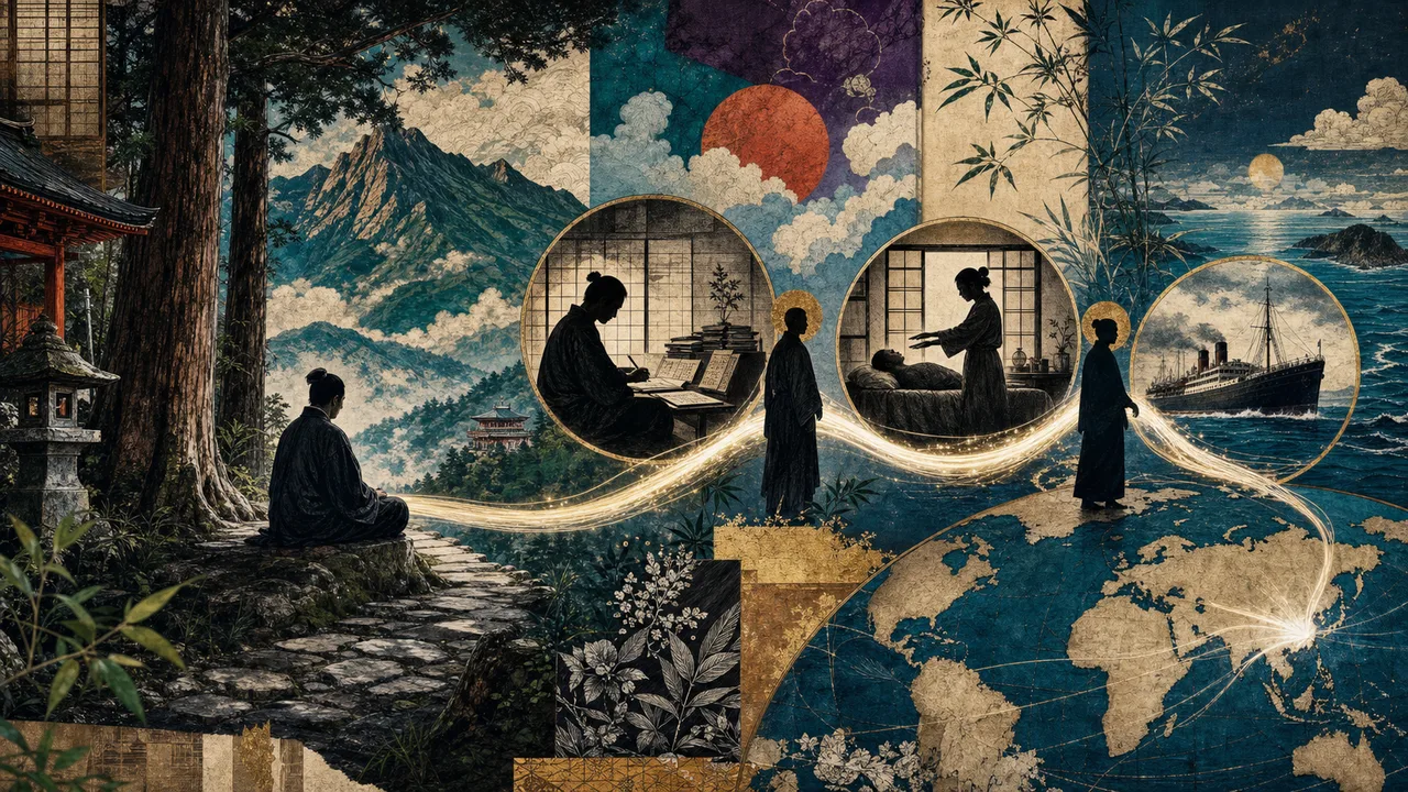 Practicante japonés meditando en un ambiente montañoso con energía luminosa en sus manos, representando el origen del Reiki.