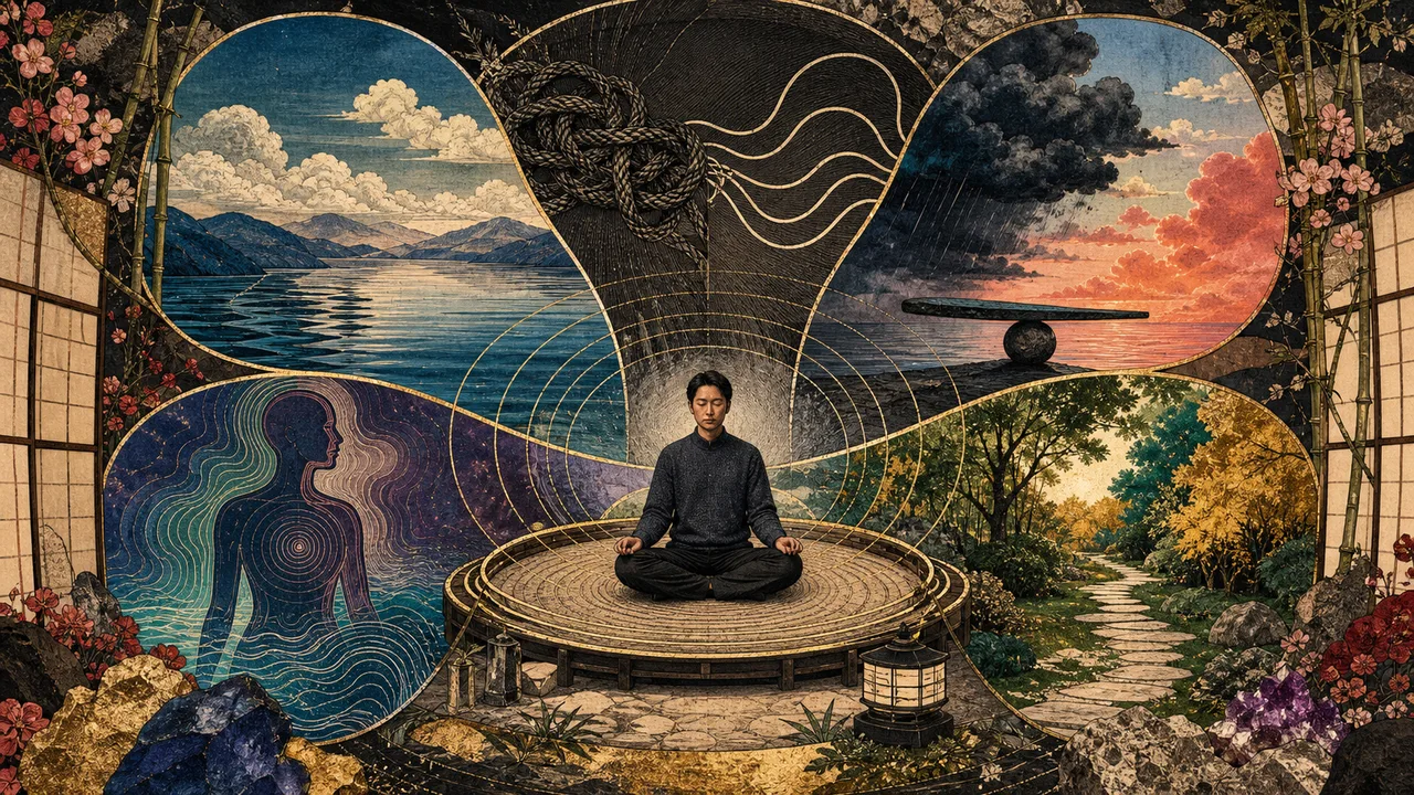 Persona que recibe Reiki en un ambiente tranquilo con una luz suave en los centros de energía que representan relajación y equilibrio.