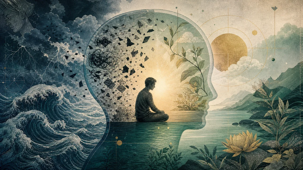 Persona que practica mindfulness con suaves ondas a su alrededor, que representan ansiedad y retorno de la atención.