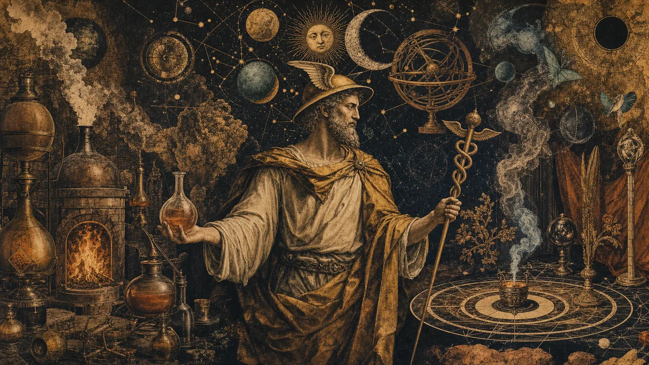 Instrumentos alquímicos, mapas celestes y símbolos rituales reunidos alrededor de Hermes.
