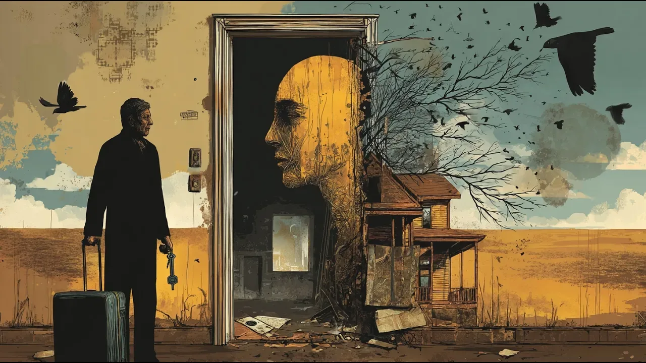 Hombre con una maleta frente a una puerta que representa el paso entre la vida y la muerte