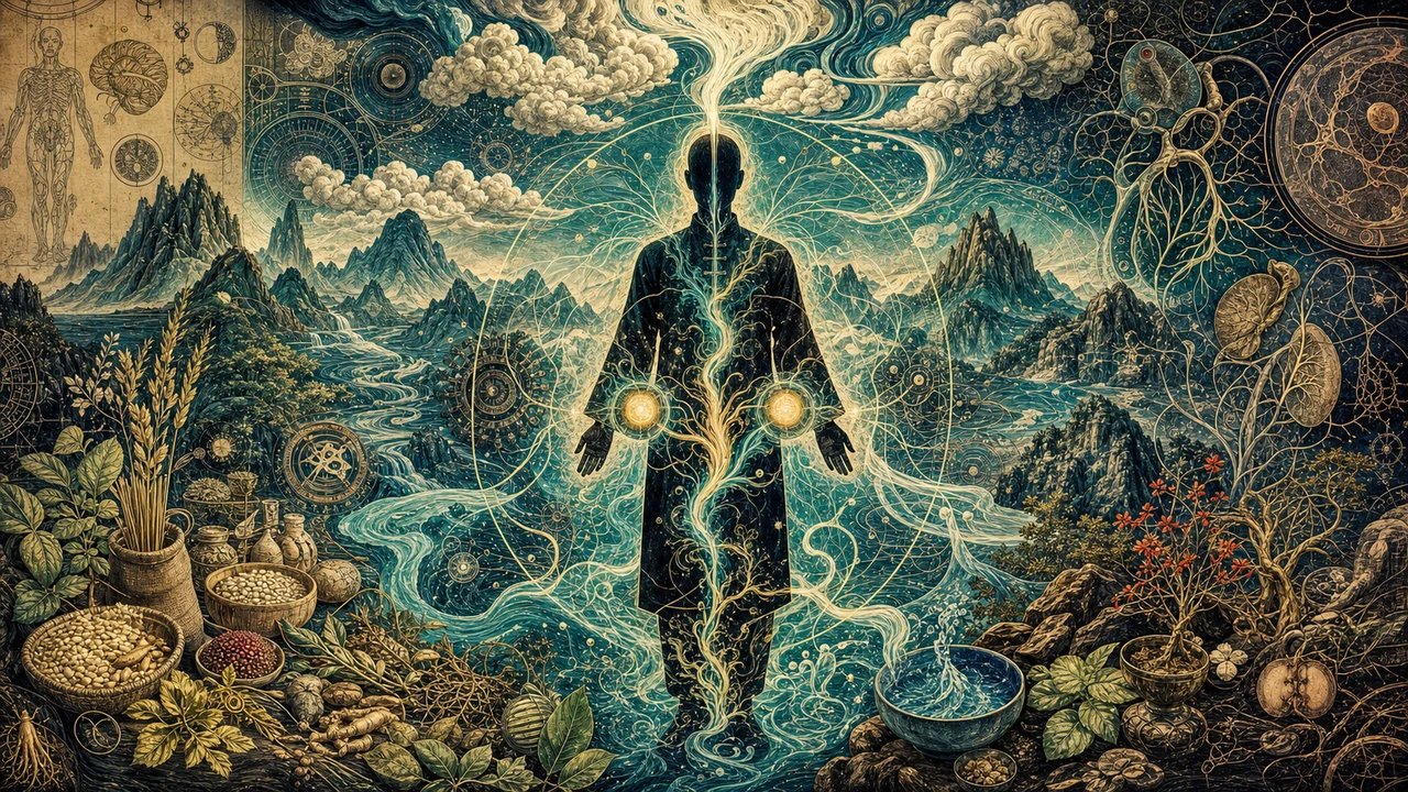 Representación del Qi en Medicina China con figura humana, respiración, alimentación, líquidos y movimientos de transformación.