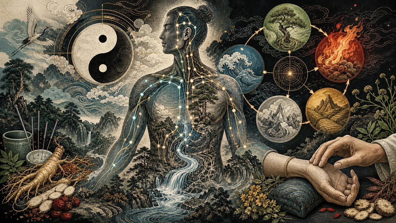 Cuerpo humano integrado con paisajes, meridianos, Yin Yang, cinco elementos, hierbas y diagnóstico de pulso en la Medicina Tradicional China