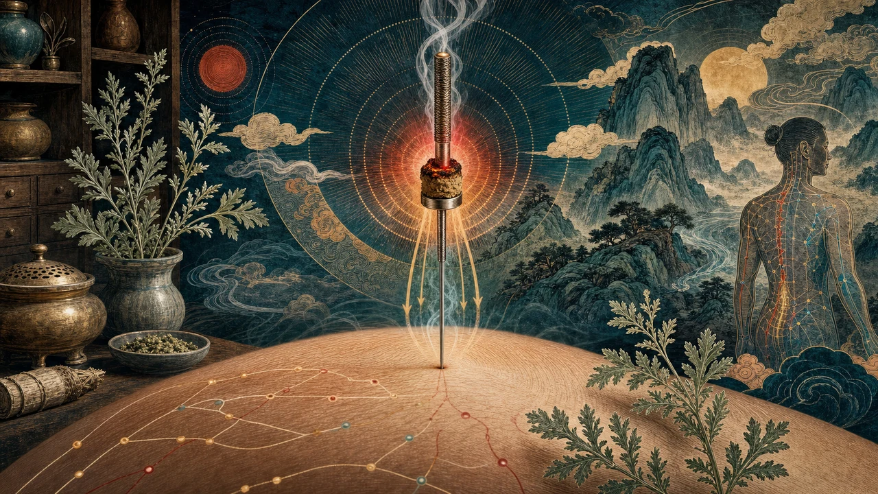 Composición surrealista con aguja de acupuntura, moxa encendida y flujos de calor.