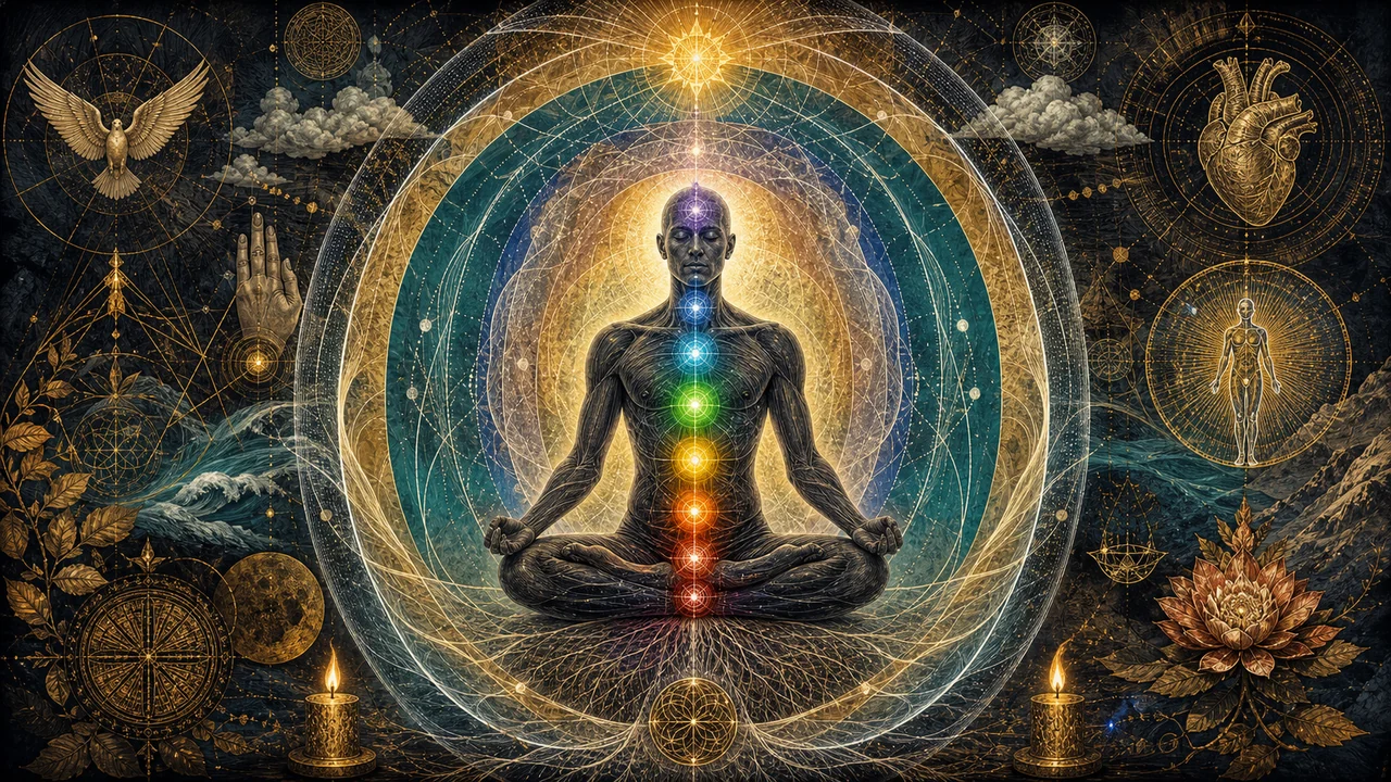 Persona meditando con chakras y campos luminosos sutiles alrededor del cuerpo.