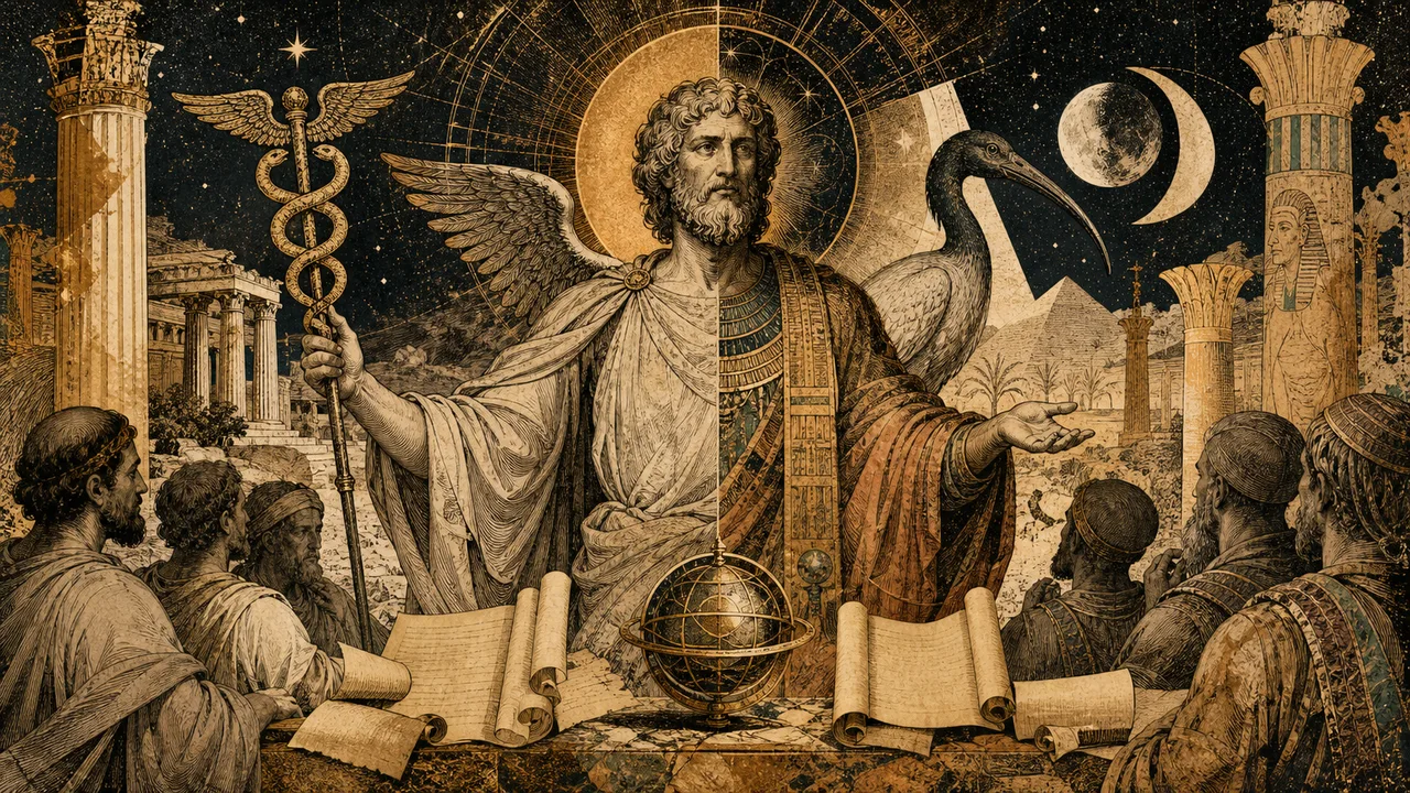 Hermes Trismegisto entre símbolos griegos y egipcios que representan la unión entre Hermes y Thoth