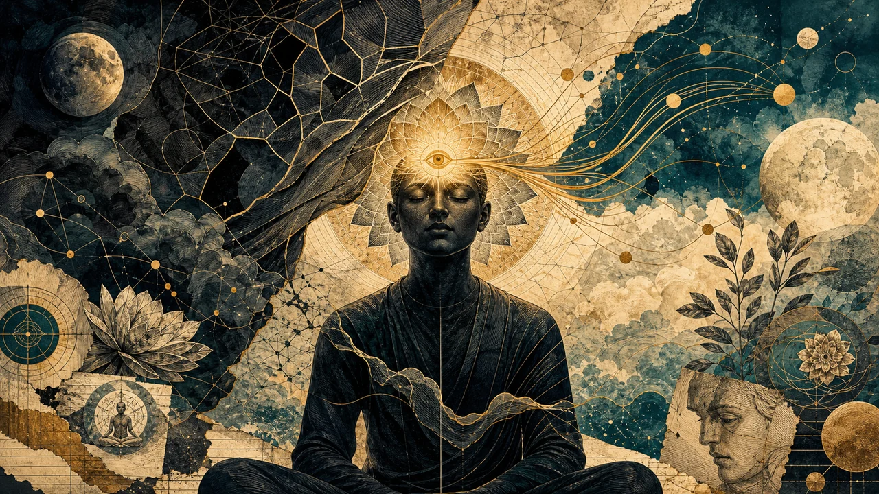 Persona meditando con niebla sobre el tercer ojo abriéndose gradualmente hacia una luz clara