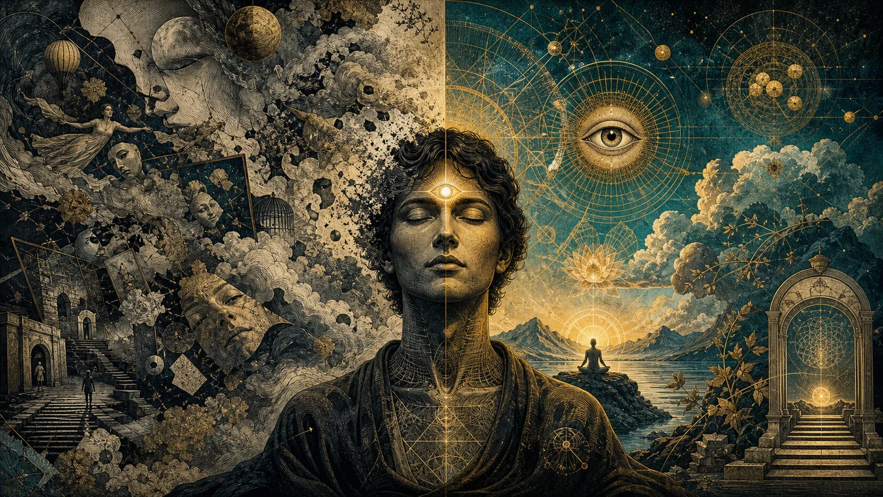 Persona en meditación con imágenes mentales confusas por un lado y percepciones espirituales claras por el otro.