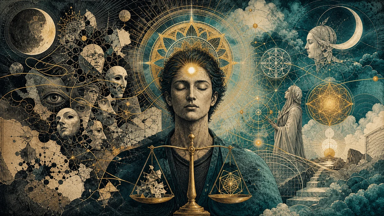 Persona en contemplación con luz en el tercer ojo y símbolos de equilibrio y discernimiento espiritual.