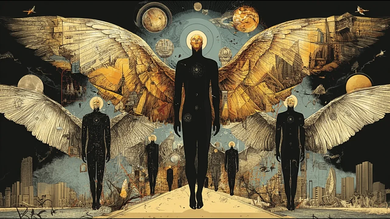 Seres alados en diferentes posiciones, que representan mentores espirituales que guían sin ocupar un lugar de superioridad.